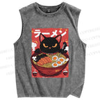 Unisex Ramen Cat Printed Washed Tank Top