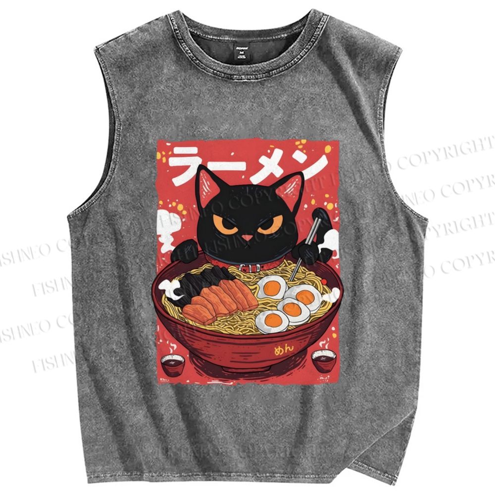 Unisex Ramen Cat Printed Washed Tank Top