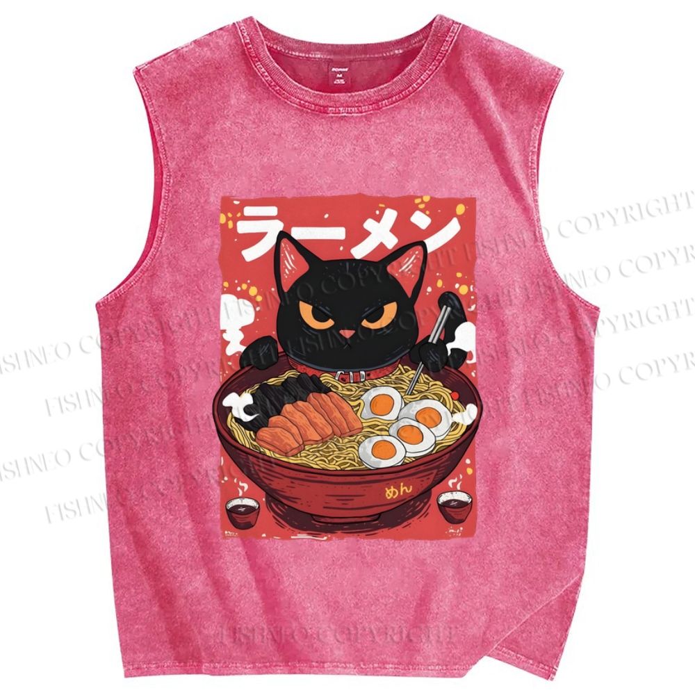 Unisex Ramen Cat Printed Washed Tank Top