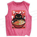 Unisex Ramen Cat Printed Washed Tank Top