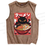 Unisex Ramen Cat Printed Washed Tank Top