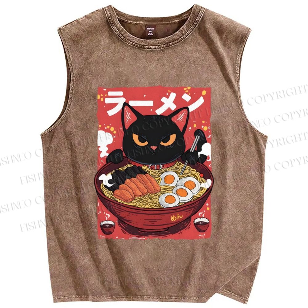 Unisex Ramen Cat Printed Washed Tank Top