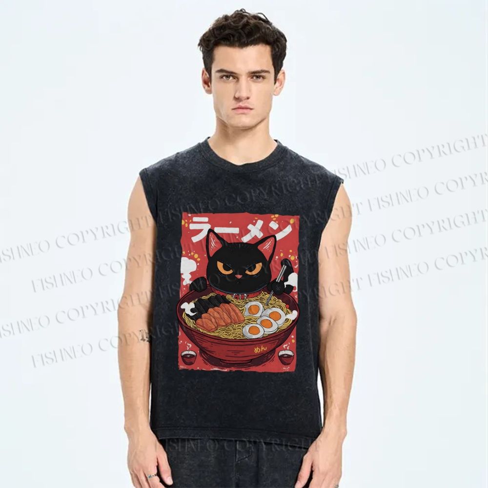 Unisex Ramen Cat Printed Washed Tank Top