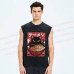 Unisex Ramen Cat Printed Washed Tank Top
