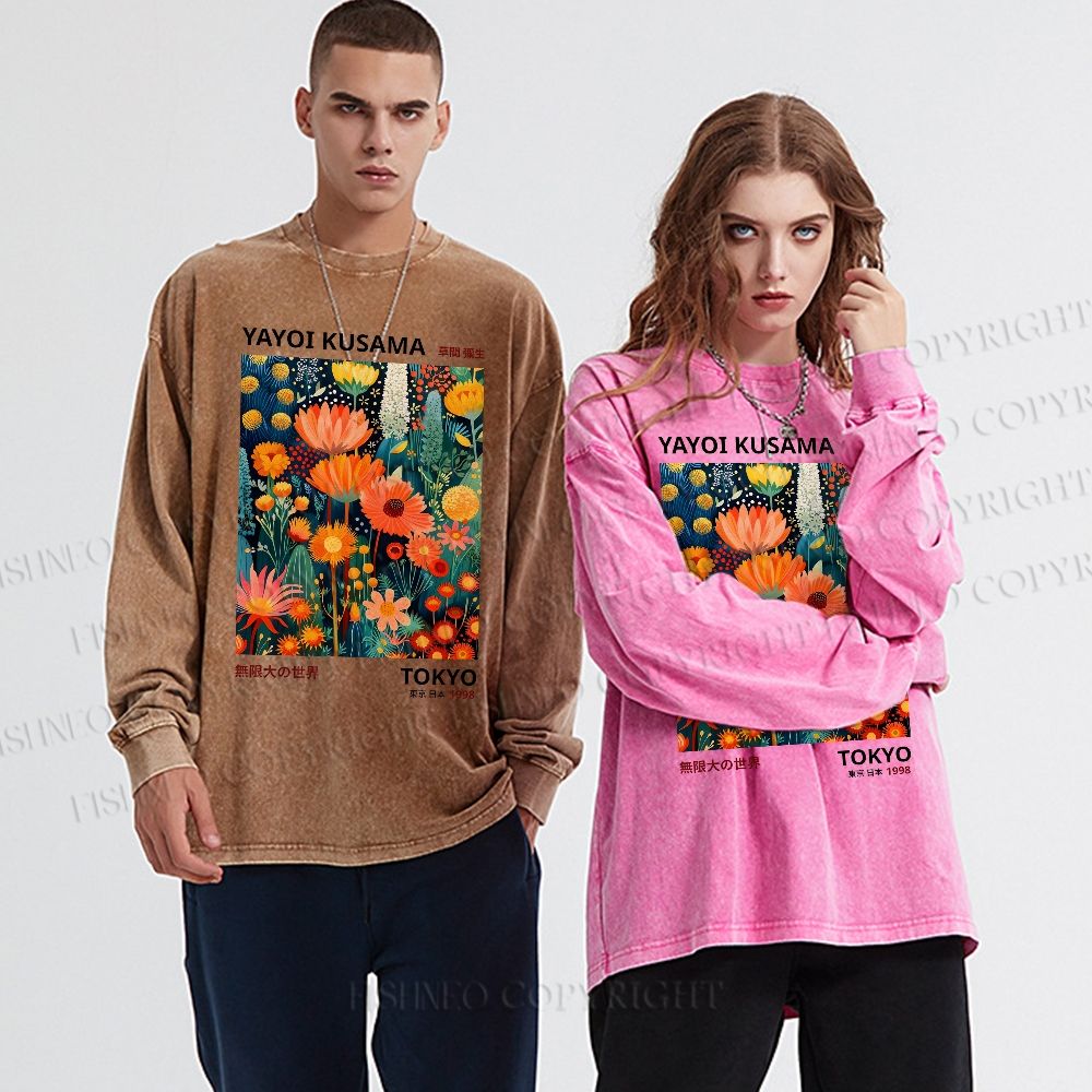 Unisex Casual Yayoi Kusama Flowers Washed Printed Long Sleeve T-shirt