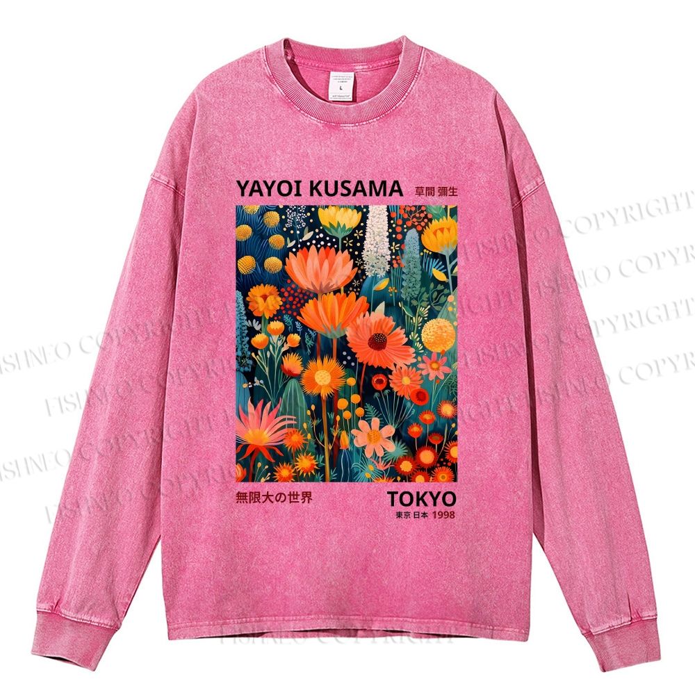Unisex Casual Yayoi Kusama Flowers Washed Printed Long Sleeve T-shirt