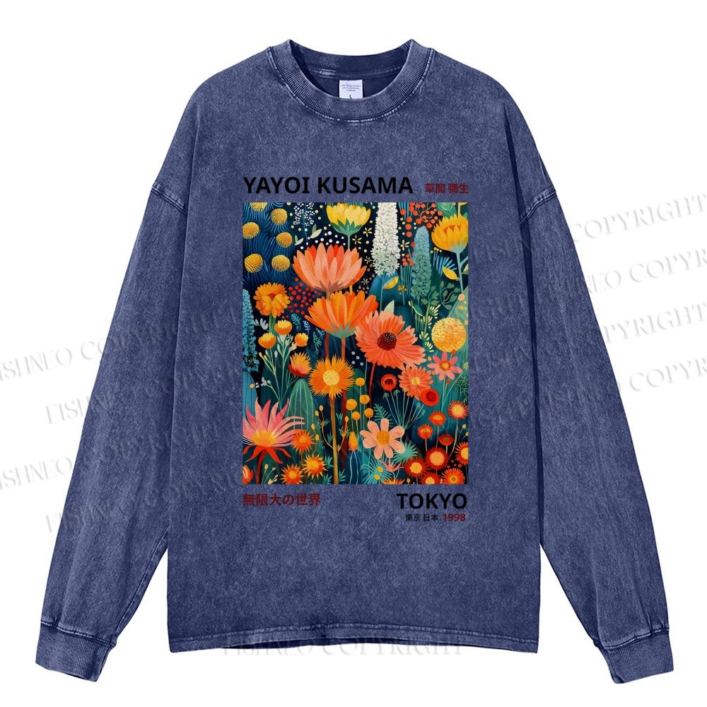 Unisex Casual Yayoi Kusama Flowers Washed Printed Long Sleeve T-shirt