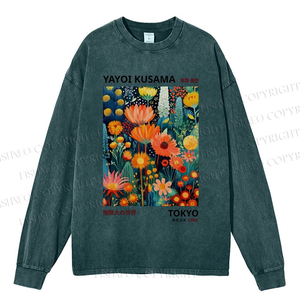 Unisex Casual Yayoi Kusama Flowers Washed Printed Long Sleeve T-shirt