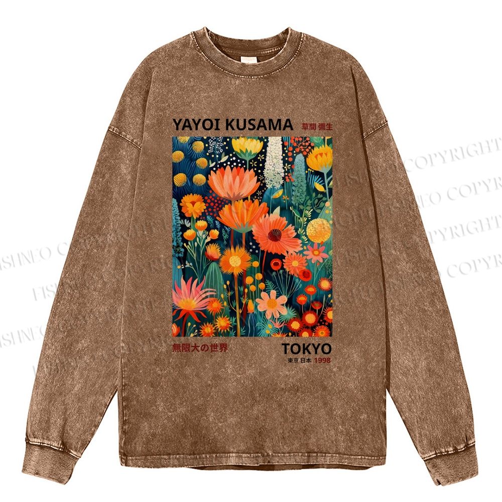 Unisex Casual Yayoi Kusama Flowers Washed Printed Long Sleeve T-shirt