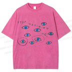 Unisex Artistic Abstract Eyes Printed Washed Tee