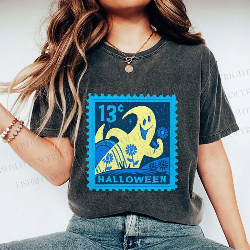 Unisex Halloween Stamp Printed Washed Tee