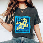 Unisex Halloween Stamp Printed Washed Tee