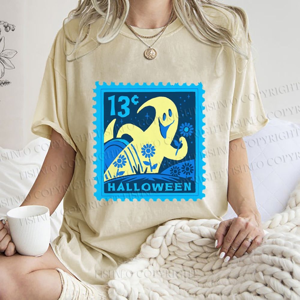 Unisex Halloween Stamp Printed Washed Tee