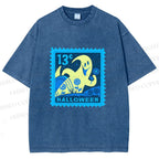 Unisex Halloween Stamp Printed Washed Tee