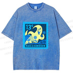 Unisex Halloween Stamp Printed Washed Tee