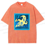 Unisex Halloween Stamp Printed Washed Tee