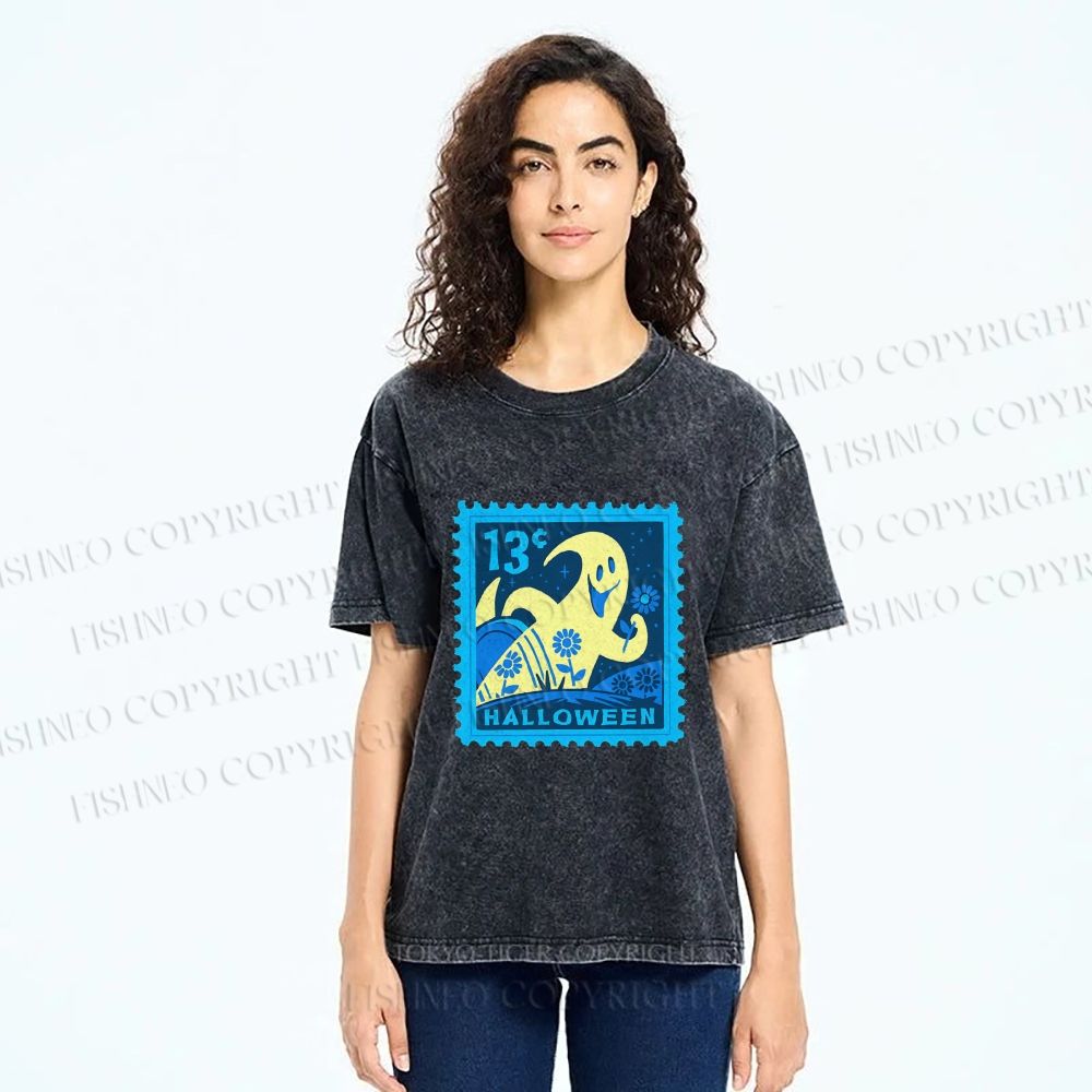 Unisex Halloween Stamp Printed Washed Tee