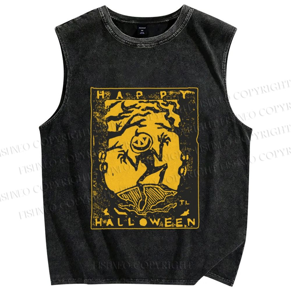 Unisex Vintage Silly Pumpkin Halloween Printed Washed Tank Top