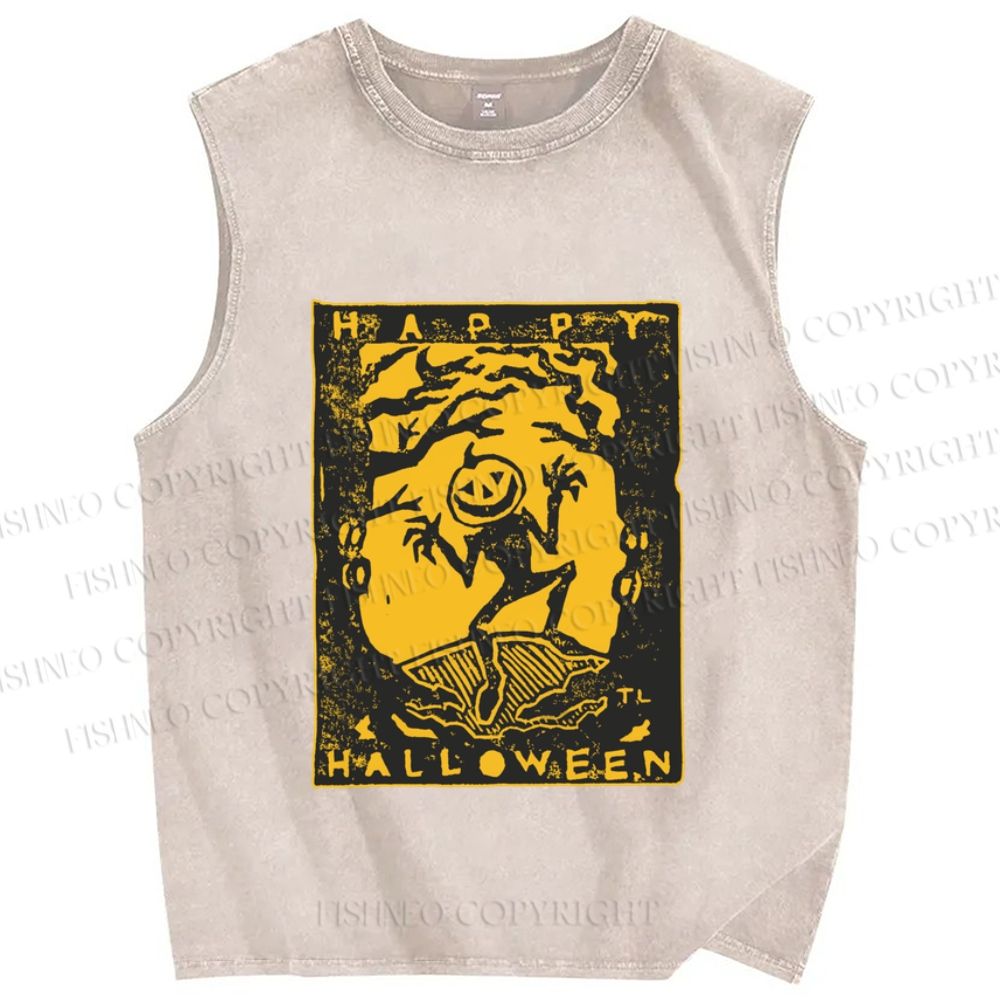 Unisex Vintage Silly Pumpkin Halloween Printed Washed Tank Top