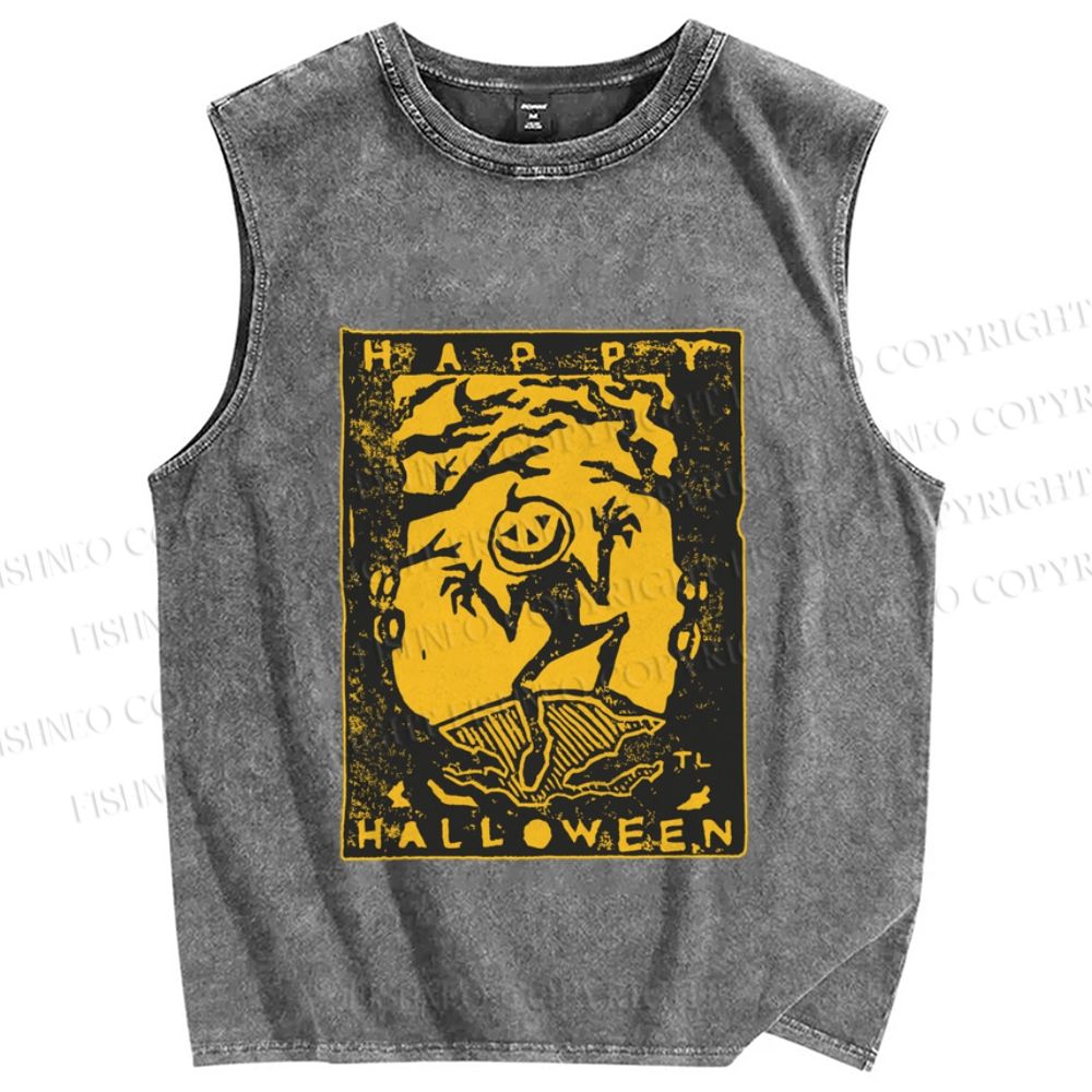 Unisex Vintage Silly Pumpkin Halloween Printed Washed Tank Top