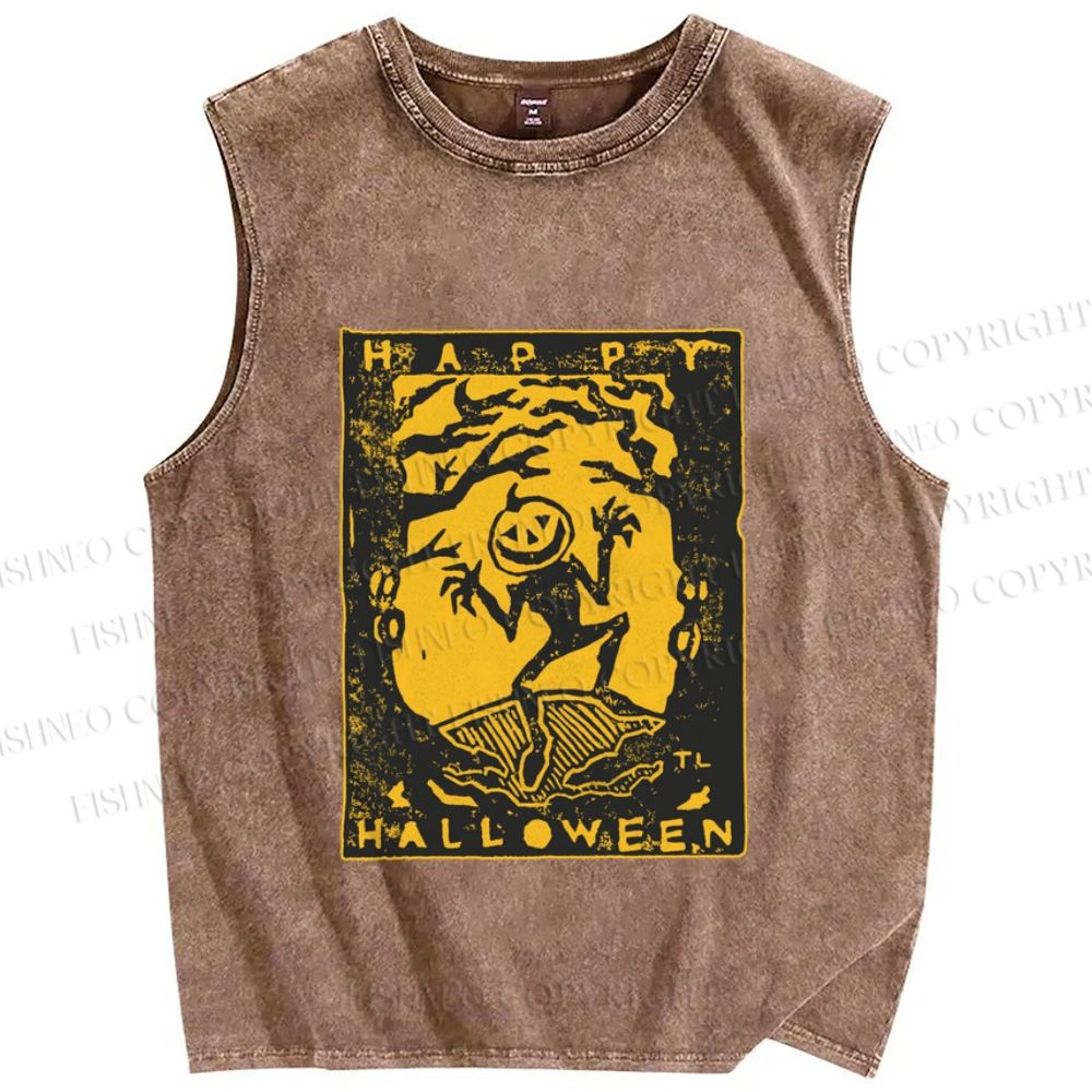 Unisex Vintage Silly Pumpkin Halloween Printed Washed Tank Top