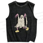 Unisex Vintage Halloween Ghost Printed Washed Tank Top