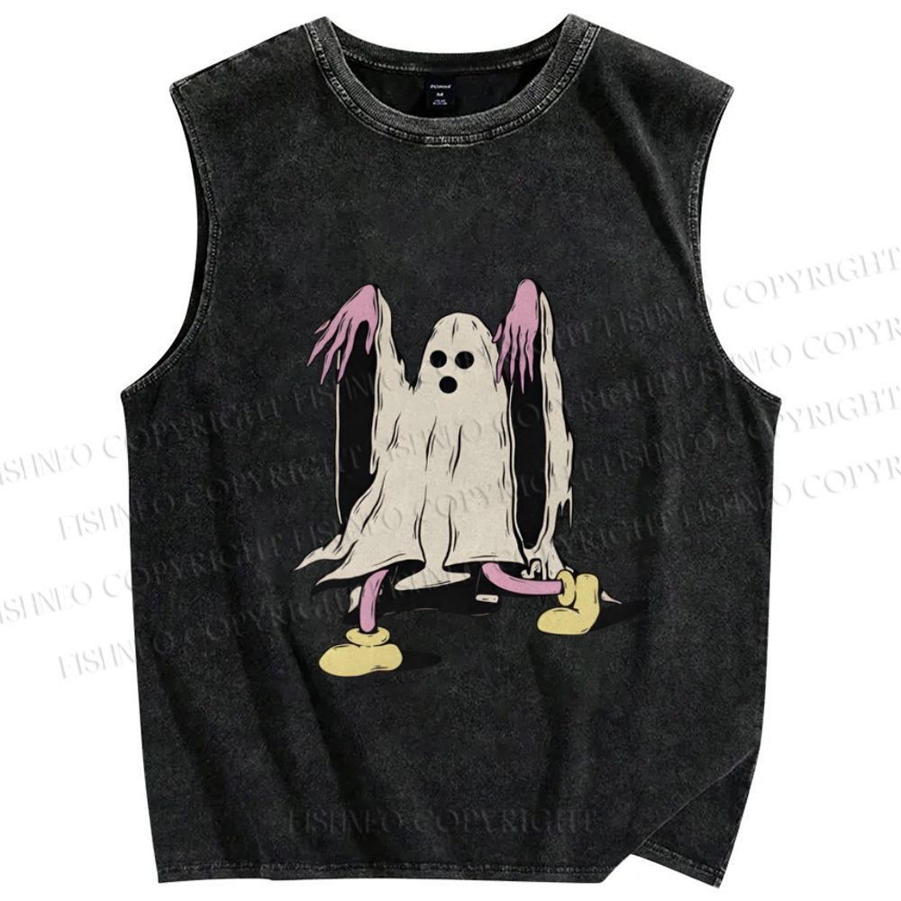 Unisex Vintage Halloween Ghost Printed Washed Tank Top