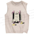 Unisex Vintage Halloween Ghost Printed Washed Tank Top
