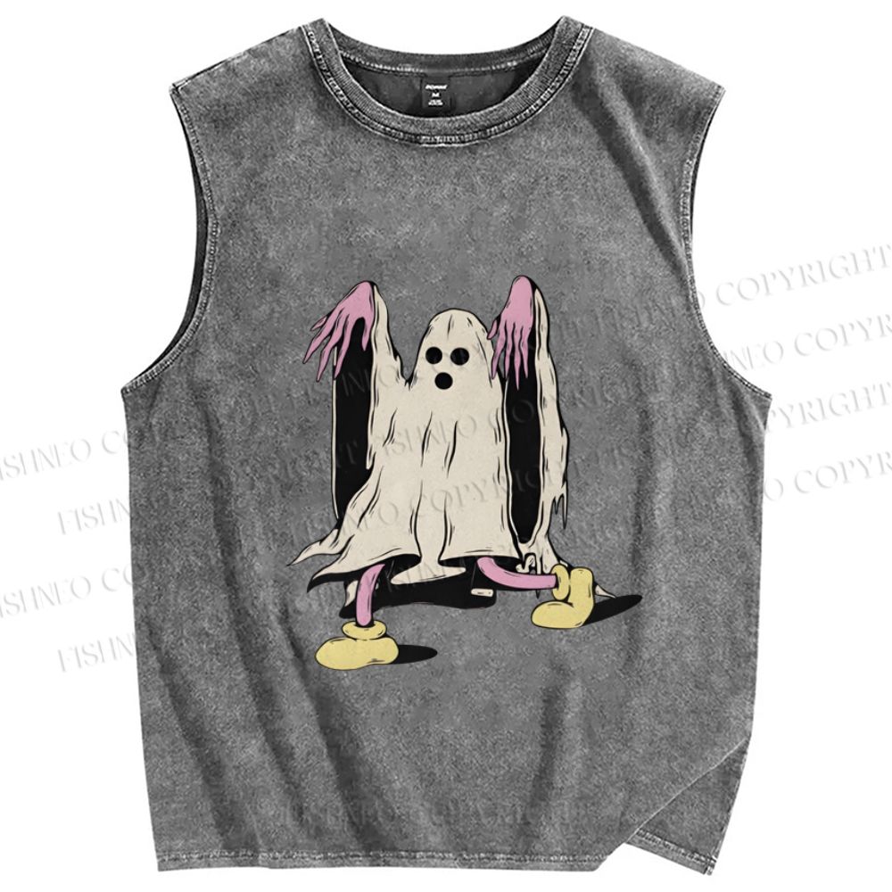 Unisex Vintage Halloween Ghost Printed Washed Tank Top