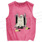 Unisex Vintage Halloween Ghost Printed Washed Tank Top