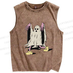 Unisex Vintage Halloween Ghost Printed Washed Tank Top
