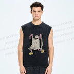 Unisex Vintage Halloween Ghost Printed Washed Tank Top