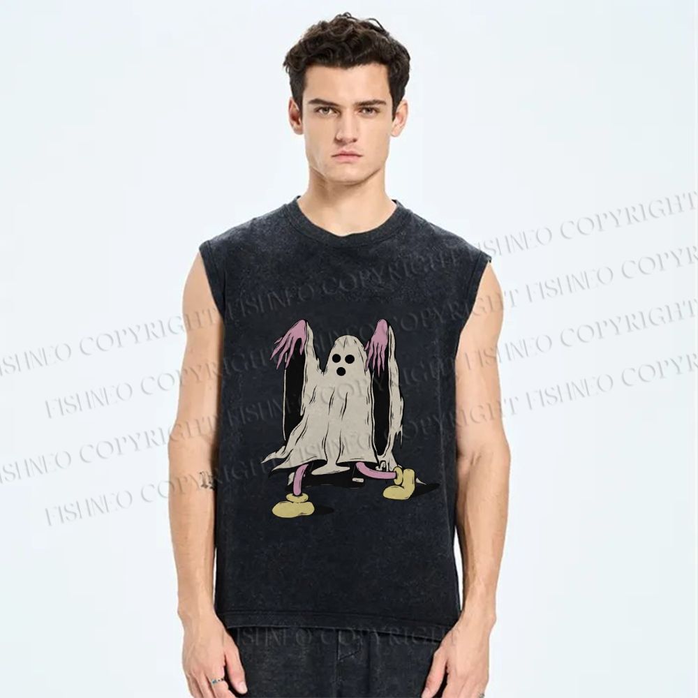 Unisex Vintage Halloween Ghost Printed Washed Tank Top