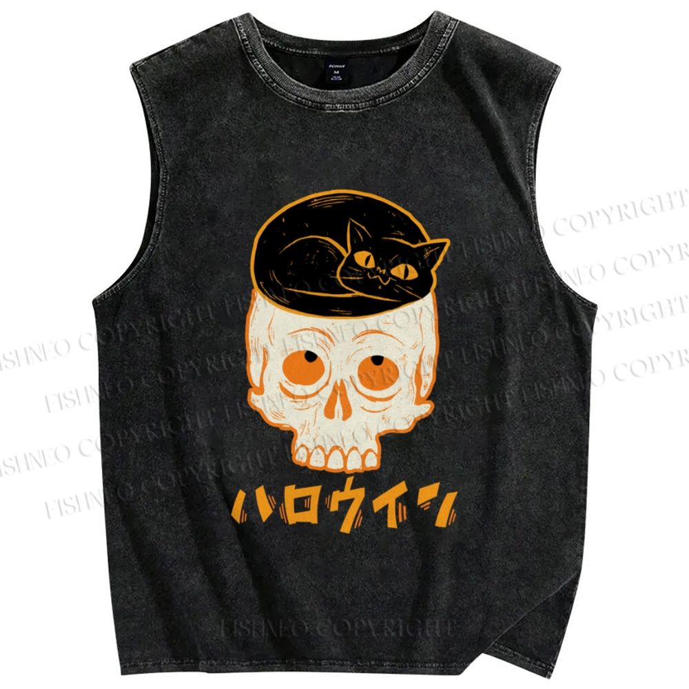 Unisex Vintage Japanese Halloween Skull Black Cat Printed Washed Tank Top