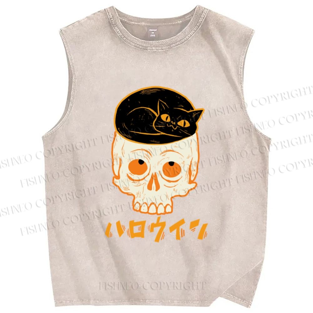 Unisex Vintage Japanese Halloween Skull Black Cat Printed Washed Tank Top