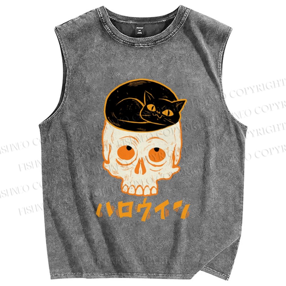 Unisex Vintage Japanese Halloween Skull Black Cat Printed Washed Tank Top