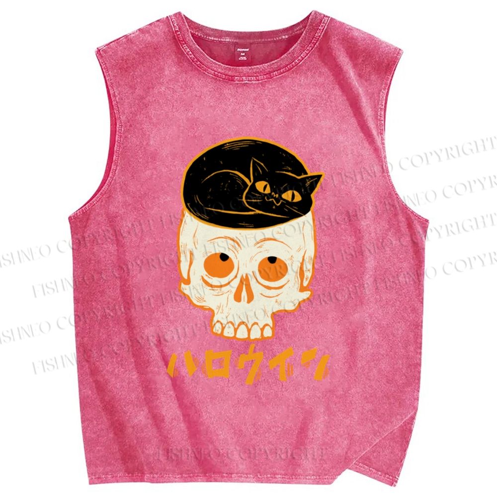 Unisex Vintage Japanese Halloween Skull Black Cat Printed Washed Tank Top
