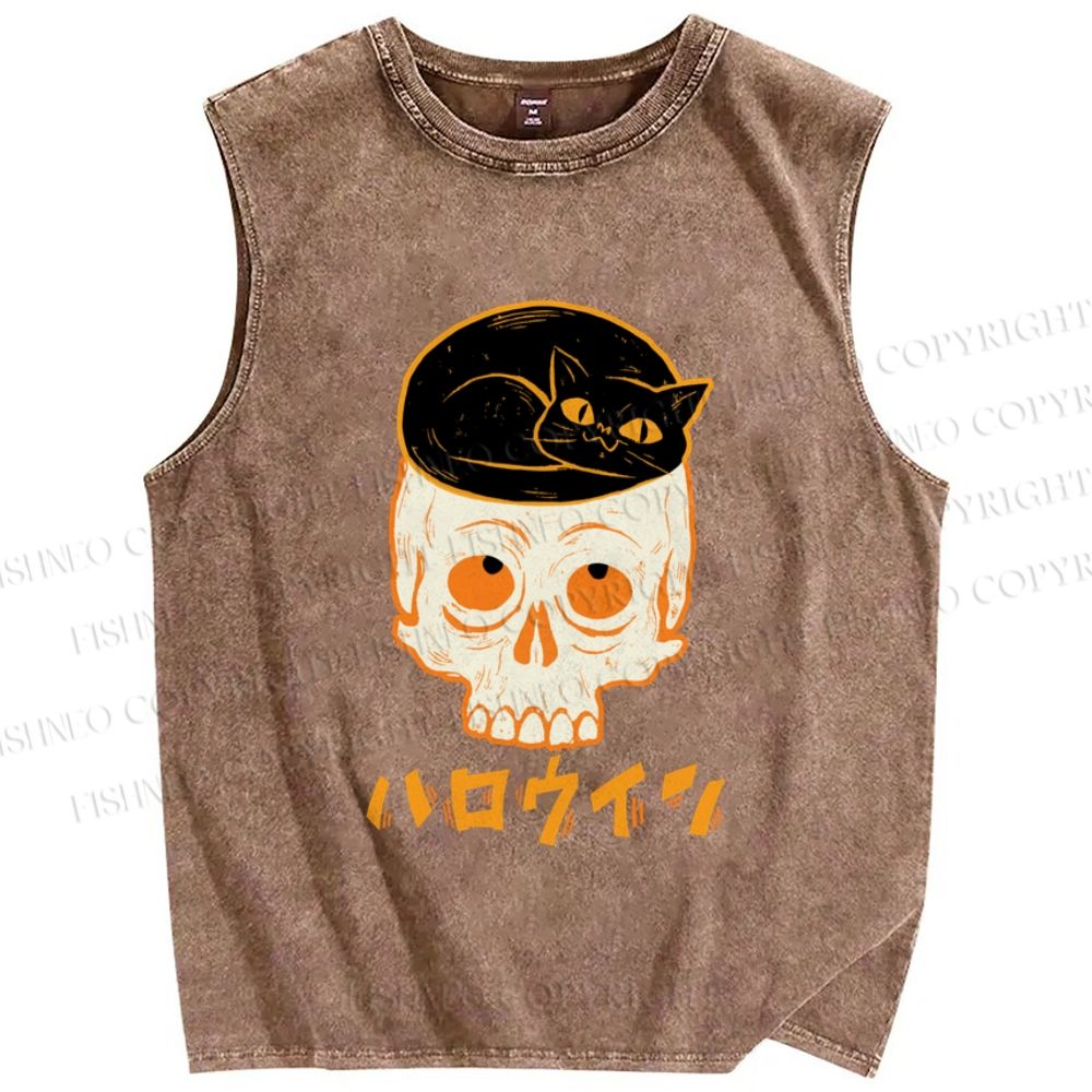 Unisex Vintage Japanese Halloween Skull Black Cat Printed Washed Tank Top