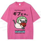 Unisex Japanese Silly Cat Having Fish Printed Washed Tee