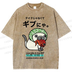 Unisex Japanese Silly Cat Having Fish Printed Washed Tee