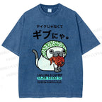 Unisex Japanese Silly Cat Having Fish Printed Washed Tee