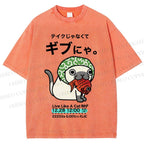 Unisex Japanese Silly Cat Having Fish Printed Washed Tee