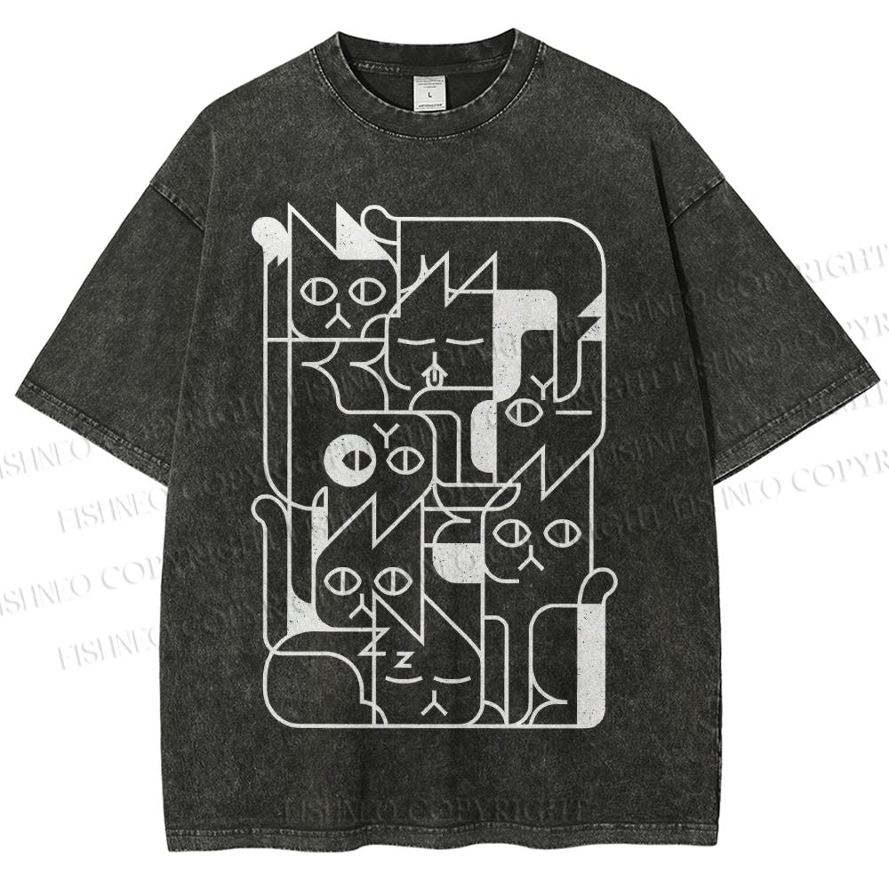 Unisex Cat Graffiti Printed Washed Tee