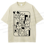 Unisex Cat Graffiti Printed Washed Tee