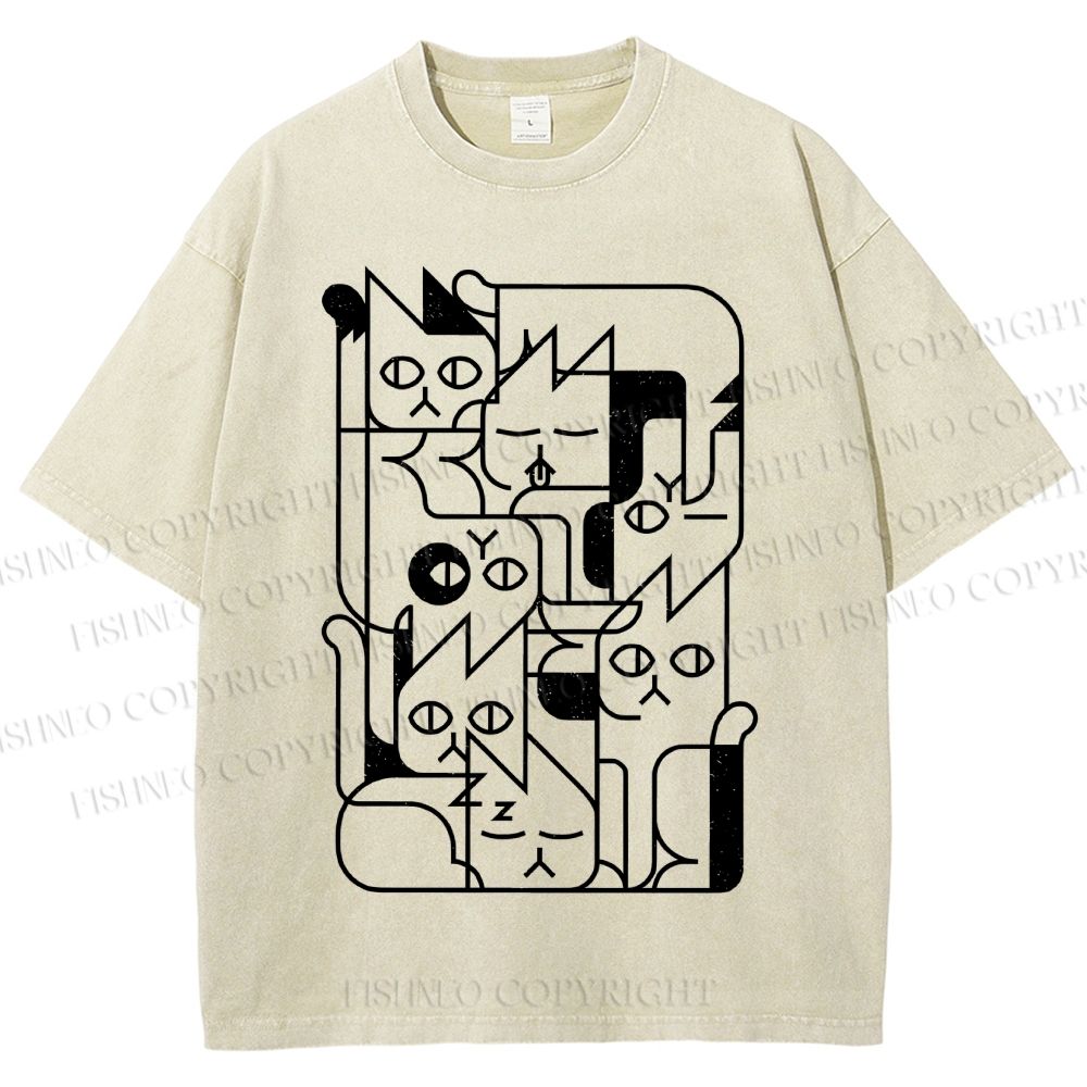 Unisex Cat Graffiti Printed Washed Tee