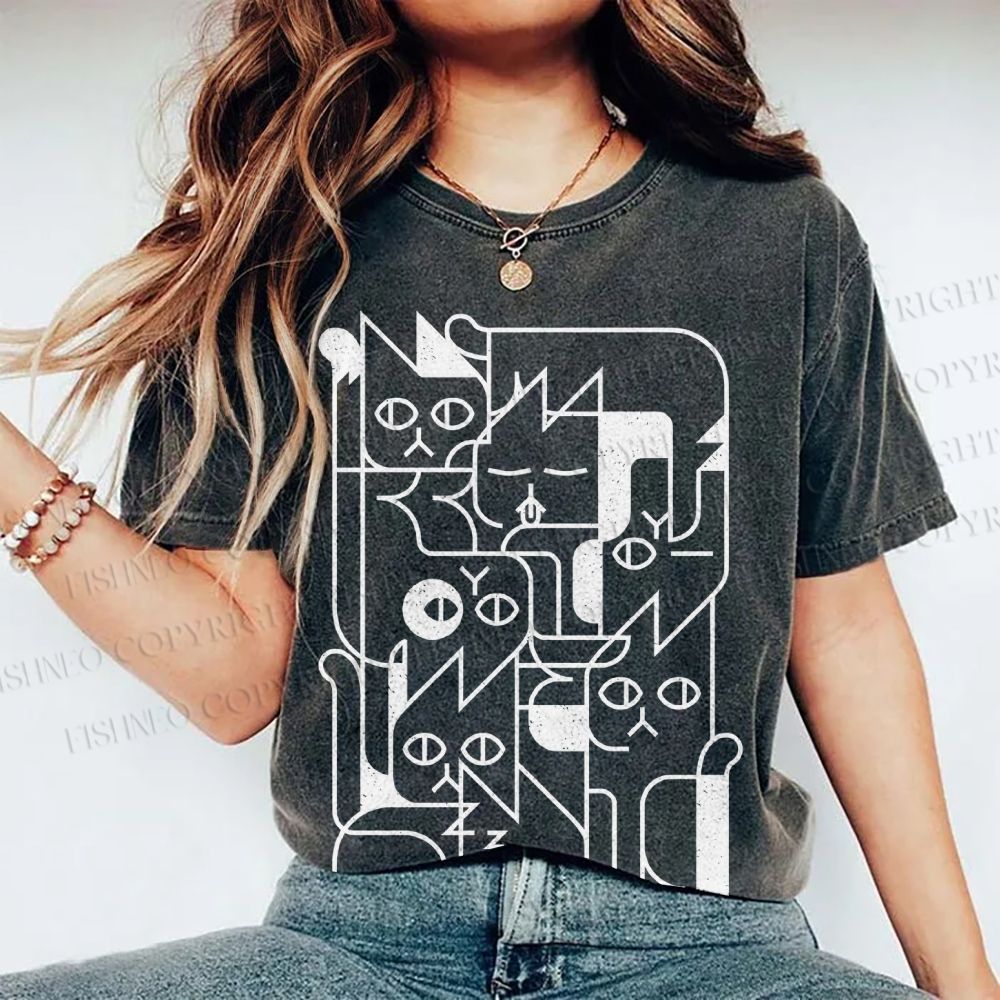 Unisex Cat Graffiti Printed Washed Tee