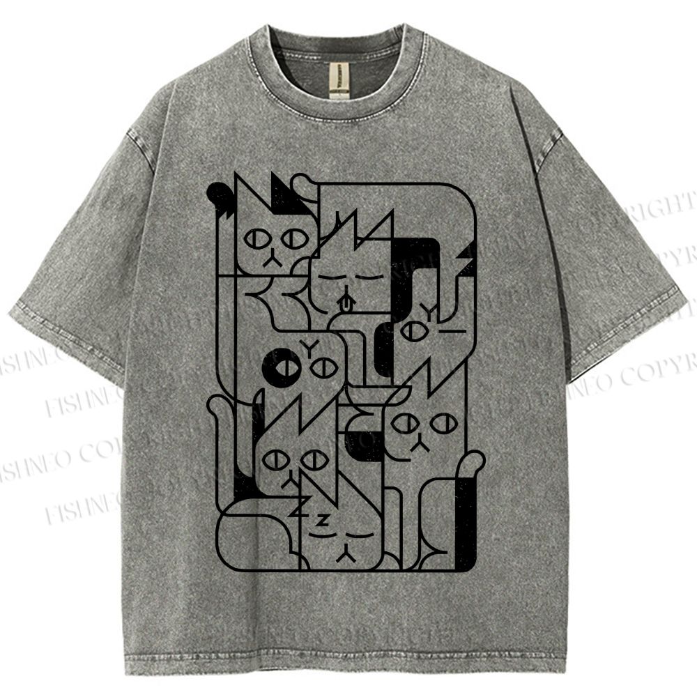Unisex Cat Graffiti Printed Washed Tee