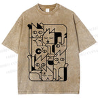 Unisex Cat Graffiti Printed Washed Tee