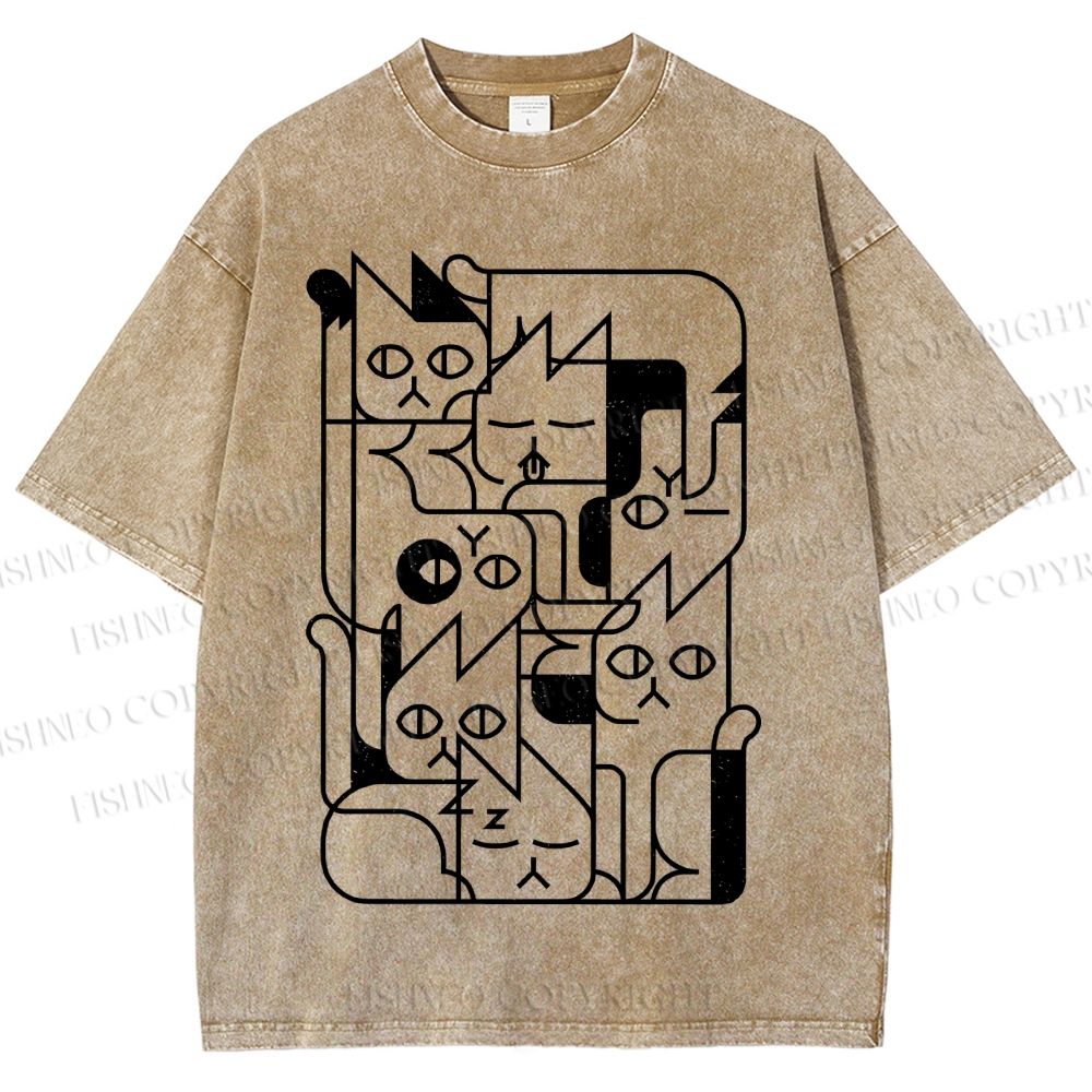 Unisex Cat Graffiti Printed Washed Tee