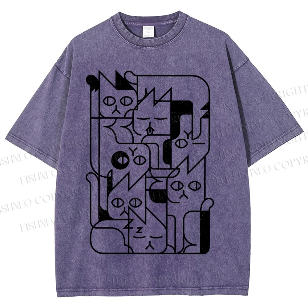 Unisex Cat Graffiti Printed Washed Tee